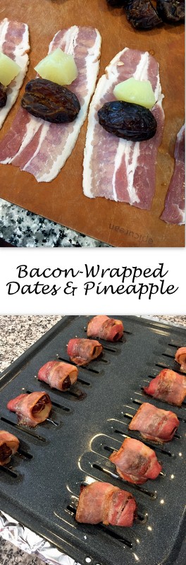 Bacon Wrapped Dates & Pineapple on Books n' Cooks - Bacon, dates and pineapple come together in a quick, sweet 3-ingredient appetizer that's hard to stop at only one. 