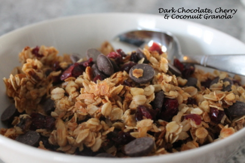 Rich dark chocolate, sweet coconut, and tart dried cherries make this homemade granola shine. Enjoy your indulgent homemade Dark Chocolate Cherry Coconut Granola as cereal, a yogurt topper, or a snack - you won't be disappointed.