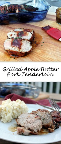 Grilled Apple Butter Pork Tenderloin. A sweet apple butter BBQ sauce comes together in minutes, and is generously applied to a pork tenderloin for an easy and flavorful weeknight dinner. books-n-cooks.com