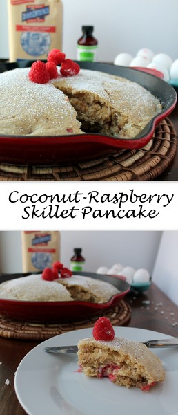 The perfect pancake to serve a crowd, the Coconut-Raspberry Skillet Pancake is a super fluffy pancake with subtle coconut flavors and bursts of sweetness from the fresh raspberries.