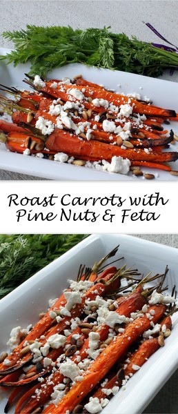 Carrots are roasted until browned but still crispy and then topped with toasted pine nuts and salty feta for a light, bright, flavorful side dish.