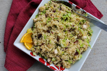 Quinoa with Turkey, Brussels Sprouts & Cranberries - Quinoa, leftover turkey (or chicken), fall Brussels sprouts, and dried cranberries are tossed in a fresh orange vinaigrette creating a dish to enjoy for lunch, a light dinner, or even a side dish. 