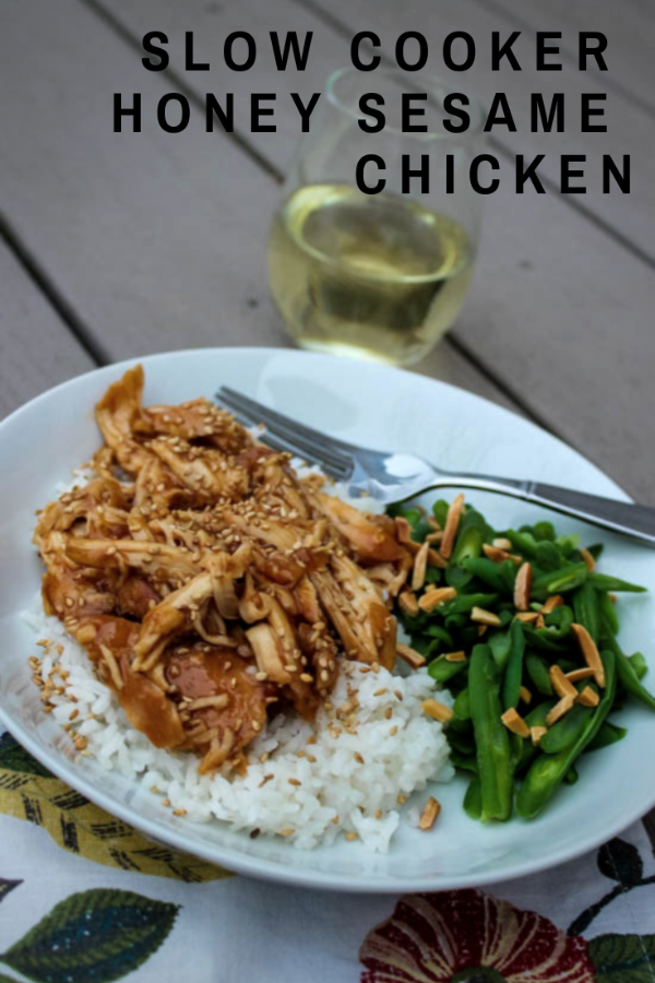 Sweet slow cooker Honey Sesame Chicken can be prepped in just 10 minutes. Serve with rice and a veggie for a complete, quick meal. #slowcooker #glutenfree