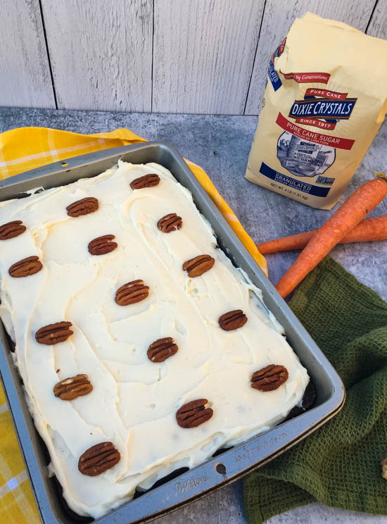 This easy, no-fuss Carrot Cake is a springtime (Easter!) favorite. A rich flavorful carrot cake baked in a single layer and topped with a vanilla cream cheese frosting, for a sweet cake that's hard to stop at just one piece. 