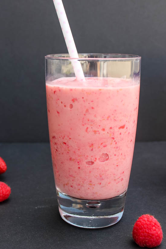 Fruit, yogurt and milk make this 5-minute, 4-ingredient Strawberry Raspberry Smoothie a filling but healthy breakfast or snack. 