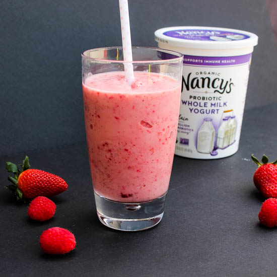 Fruit, yogurt and milk make this 5-minute, 4-ingredient Strawberry Raspberry Smoothie a filling but healthy breakfast or snack. 