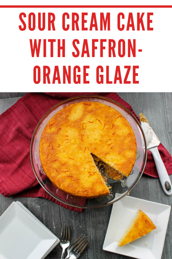 Sour Cream Cake with Saffron-Orange Glaze on Books n Cooks - Put a sweet twist on that jar of saffron at the back of your spice cabinet! This light sour cream cake gets a sweet saffron-orange glaze that is beautiful and surprising.