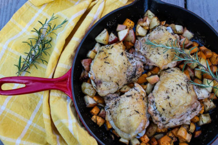 Apples, sweet potato and chicken thighs simmer away with fall rosemary and apple cider tea for a healthy, flavorful fall dinner.