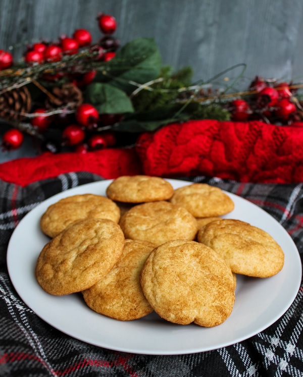 side view, snickerdoodle cookies on a white plate