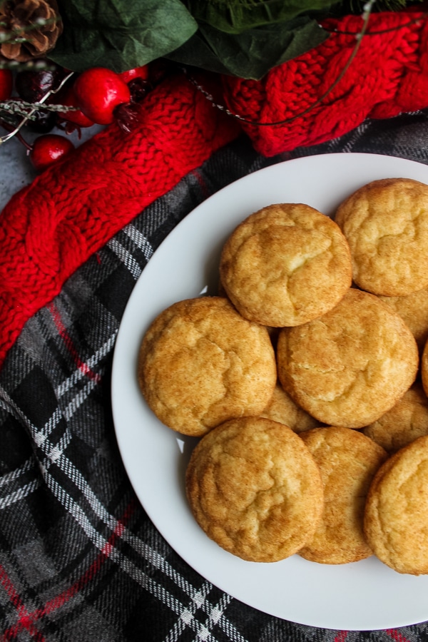 Overhead view of snickerdoodle cookies on a white plate