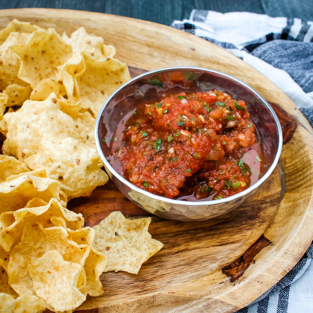 overhead view, bowl of restaurant style salsa and tortilla chips