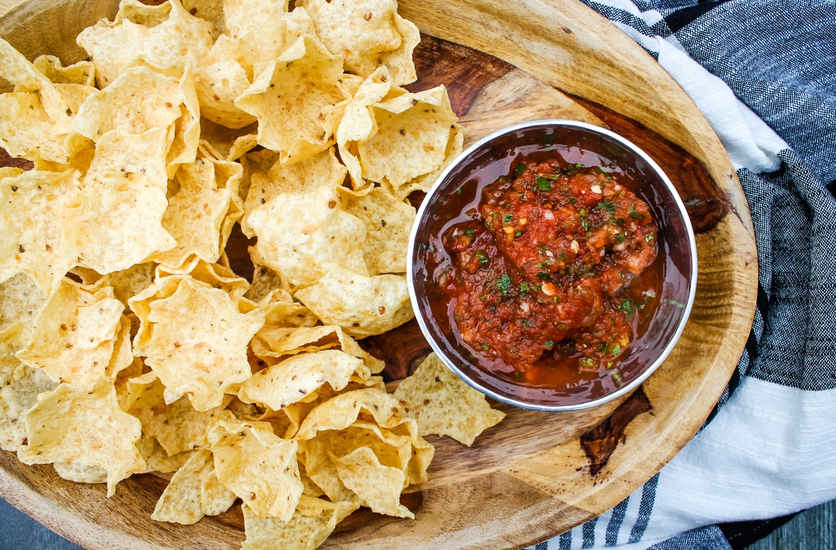 overhead view, bowl of restaurant style salsa and tortilla chips