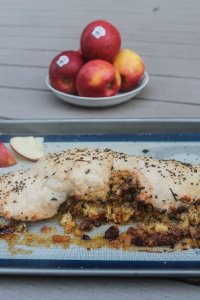 Tender turkey breast is stuffed with a sweet apple, cornbread and sausage stuffing for a satisfying, filling fall Sunday night dinner.