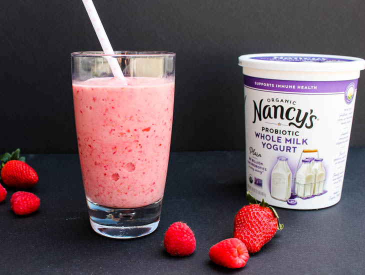 Fruit, yogurt and milk make this 5-minute, 4-ingredient Strawberry Raspberry Smoothie a filling but healthy breakfast or snack. 