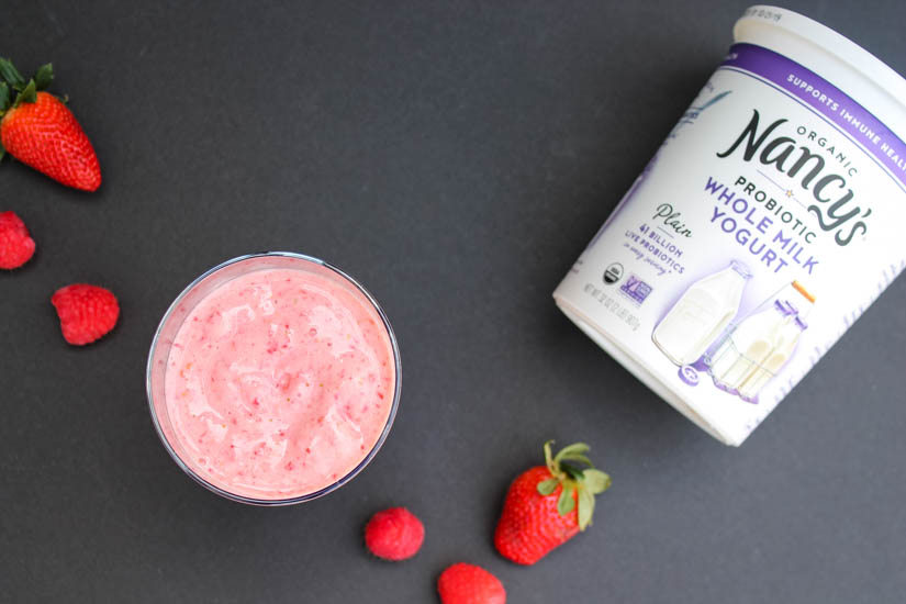 Fruit, yogurt and milk make this 5-minute, 4-ingredient Strawberry Raspberry Smoothie a filling but healthy breakfast or snack. 