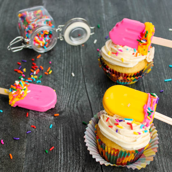 Cupcakes rich in vanilla flavor get a little bit of summer flair with candy mermaids and popsicles. Get the recipe for Vanilla Cupcakes with Vanilla Buttercream Frosting AND learn my secret to these easy and impressive decorations. 