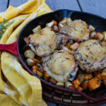 Apples, sweet potato and chicken thighs simmer away with fall rosemary and apple cider tea for a healthy, flavorful fall dinner.