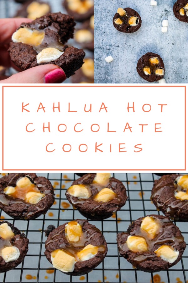 These Kahlua Hot Chocolate Cookies are a rich, decadent bite for your holiday dessert table. A soft pillow of chocolate, with a touch of Kahlua, topped with marshmallows and a caramel drizzle, what's not to love? 