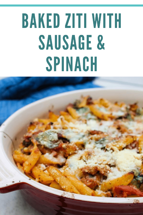 In this Baked Ziti with Sausage & Spinach, spicy Italian sausage, fresh spinach, and a tomato-pesto sauce are tossed with penne or ziti noodles for a flavorful, unique spin on the classic baked ziti recipe. Comfort food at its finest.