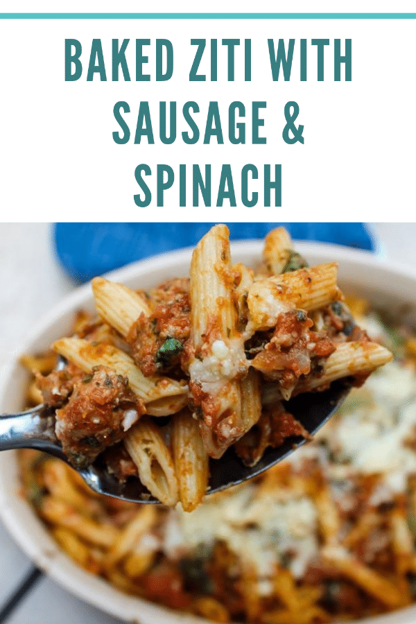 In this Baked Ziti with Sausage & Spinach, spicy Italian sausage, fresh spinach, and a tomato-pesto sauce are tossed with penne or ziti noodles for a flavorful, unique spin on the classic baked ziti recipe. Comfort food at its finest.