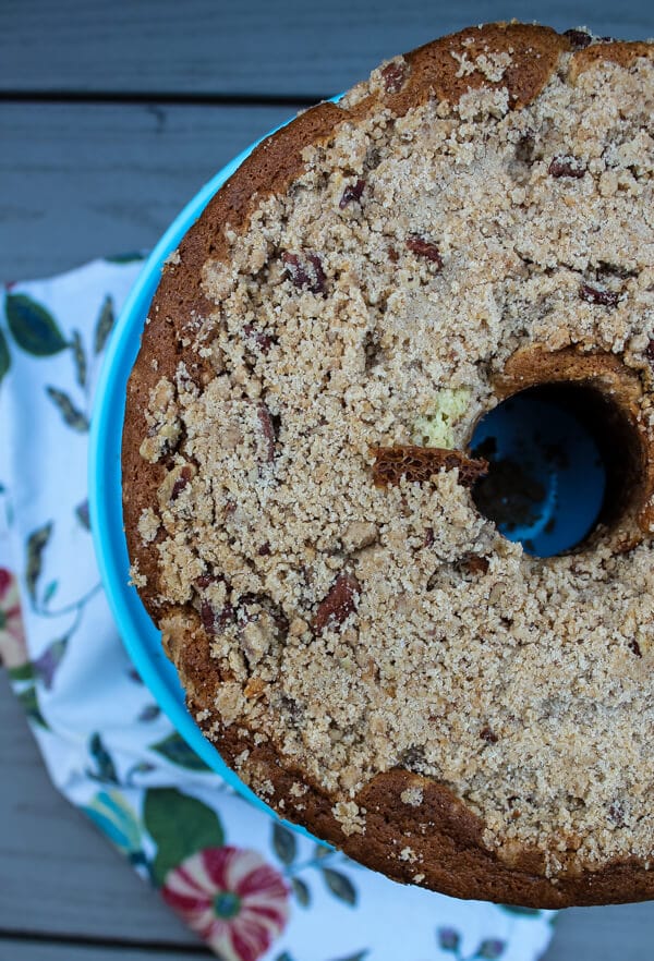 Overhead shot of Sour Cream Coffee Cake with Toasted Pecan Filling, with lots of streusel topping