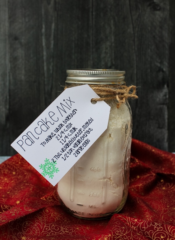 side view, mason jar of pancake mix with a gift tag