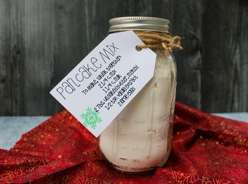 side view, mason jar of pancake mix with a gift tag