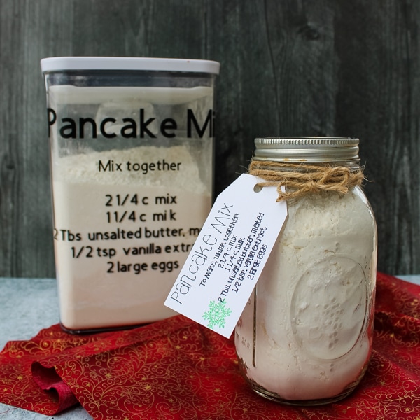 side view - container of pancake mix and a mason jar of pancake mix