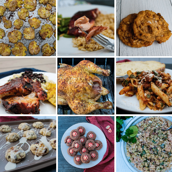 2020 Readers Favorites: Published in 2020 - tiled image of crispy smashed potatoes, raspberry chipotle salmon, salted butterscotch pretzel cookies, slow cooked memphis ribs, simple oven roasted chicken, ziti with sausage and spinach, fruitcake cookies, chocolate peppermint kiss cookies, mexican street corn salad