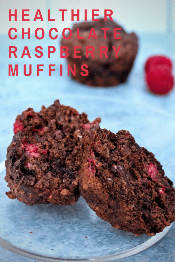 These Healthier Chocolate Raspberry Muffins are a quick snack or grab and go breakfast, featuring less fat and sugar than most muffins.