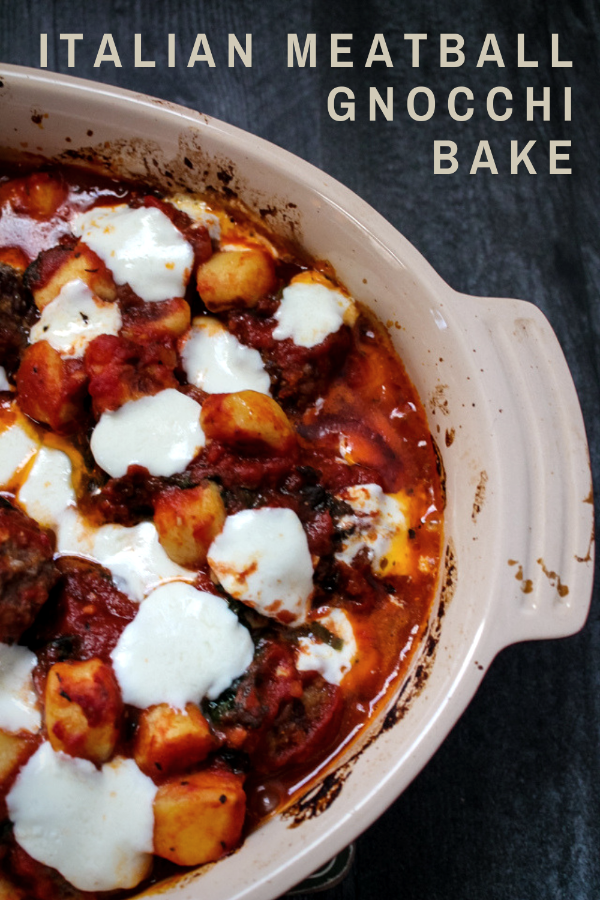 This Italian Gnocchi Meatball Bake is total comfort food - pillowy potato gnocchi, beef and pork meatballs, spinach baked in a tomato sauce. Yum!