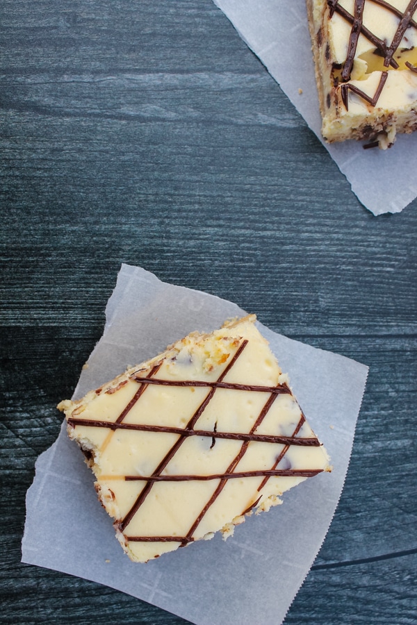 overhead view of a single Chocolate Chip Cheesecake Bar