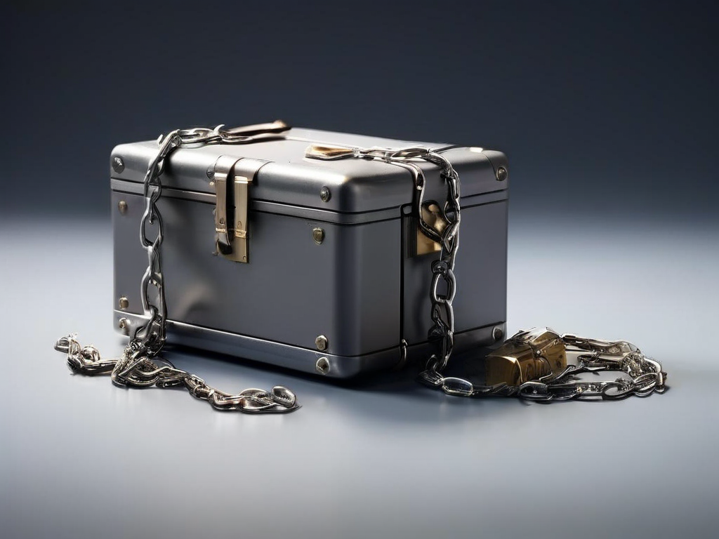 A sealed metal case with a short chain and small block icons on a gray studio surface, soft side light.
