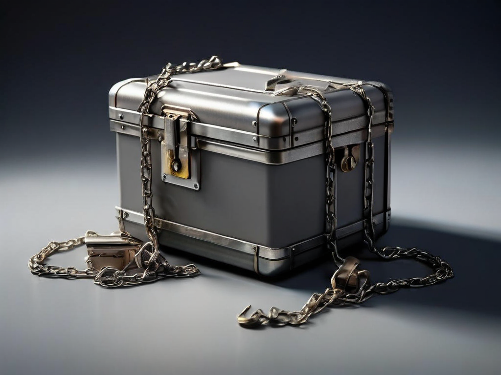 A sealed metal storage case with a short chain and separate small blocks representing connected file locations on a matte gray.