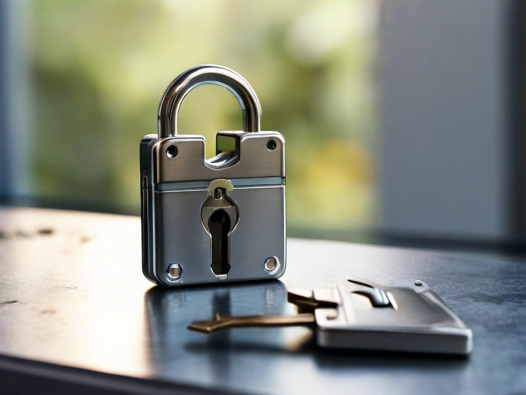 Small metal lock, closed key case, and blank security card arranged on brushed metal surface in angled morning daylight.